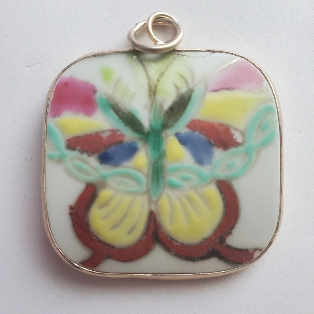 Vintage Hand Painted Porcelain Butterfly Pendant Square Silver Tone Charm Focal